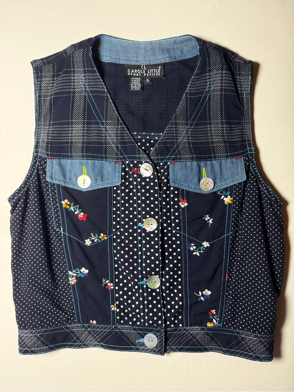 Carole Little Sport Petites S Patchwork Floral Embroidered 100% Cotton Vest Y2K